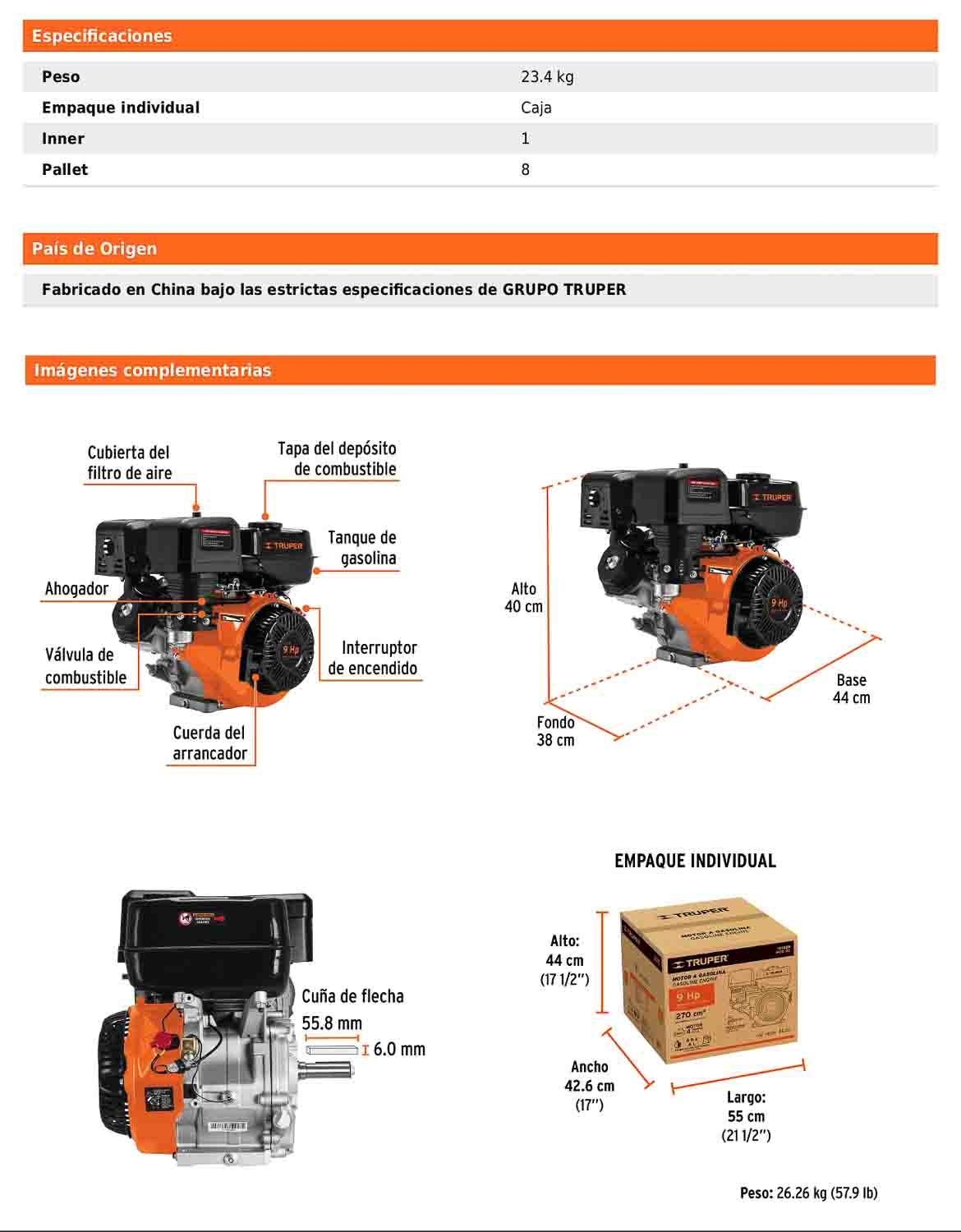 Motor a gasolina de 9 HP con sensor de aceite y arranque manual