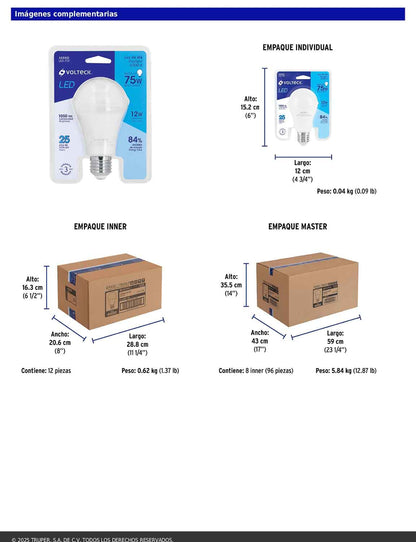 Foco LED 12W A19 6500K blanca fría 1050 lm