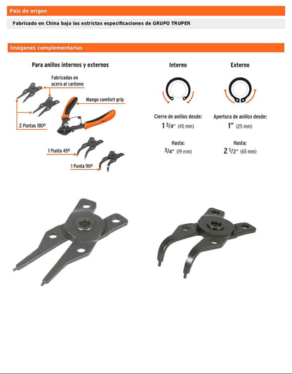 Pinza para anillos de retención de 6 pulgadas con 4 cabezas intercambiables