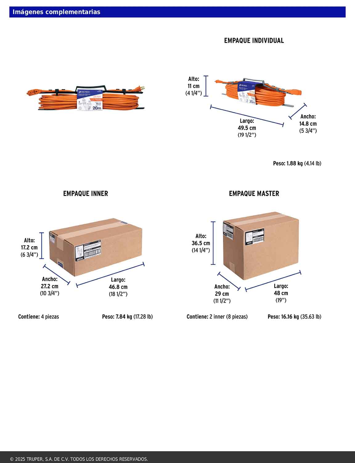 Extensión eléctrica de uso rudo de 20 m con calibre 2x16 AWG