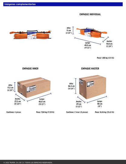 Extensión eléctrica de uso rudo de 20 m con calibre 2x16 AWG