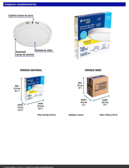 Luminario LED plafón de 18 W con luz de día redondo