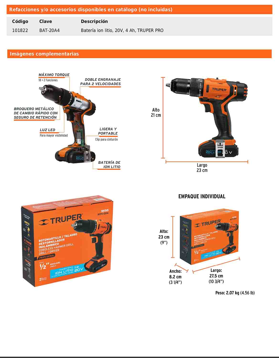 Rotomartillo inalámbrico de 1/2 in con batería 20 V y dos velocidades