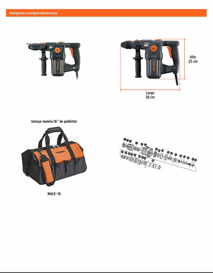 Rotomartillo SDS Plus de 1600 W y 6 J con 4 funciones para trabajo industrial