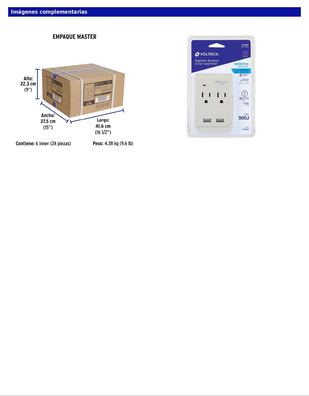 Multicontacto de 4 entradas con 2 puertos USB de 127 V y 15 A con protección de 300 J