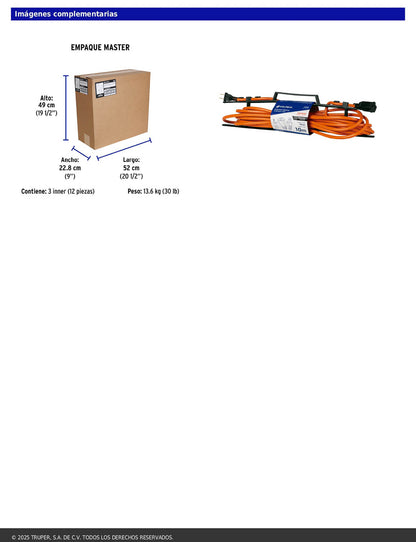 Extensión eléctrica de uso rudo de 10 m con calibre 2x16 AWG para una clavija