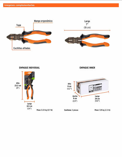 Pinza electricista 7" uso rudo de alta palanca con mango Comfort Grip