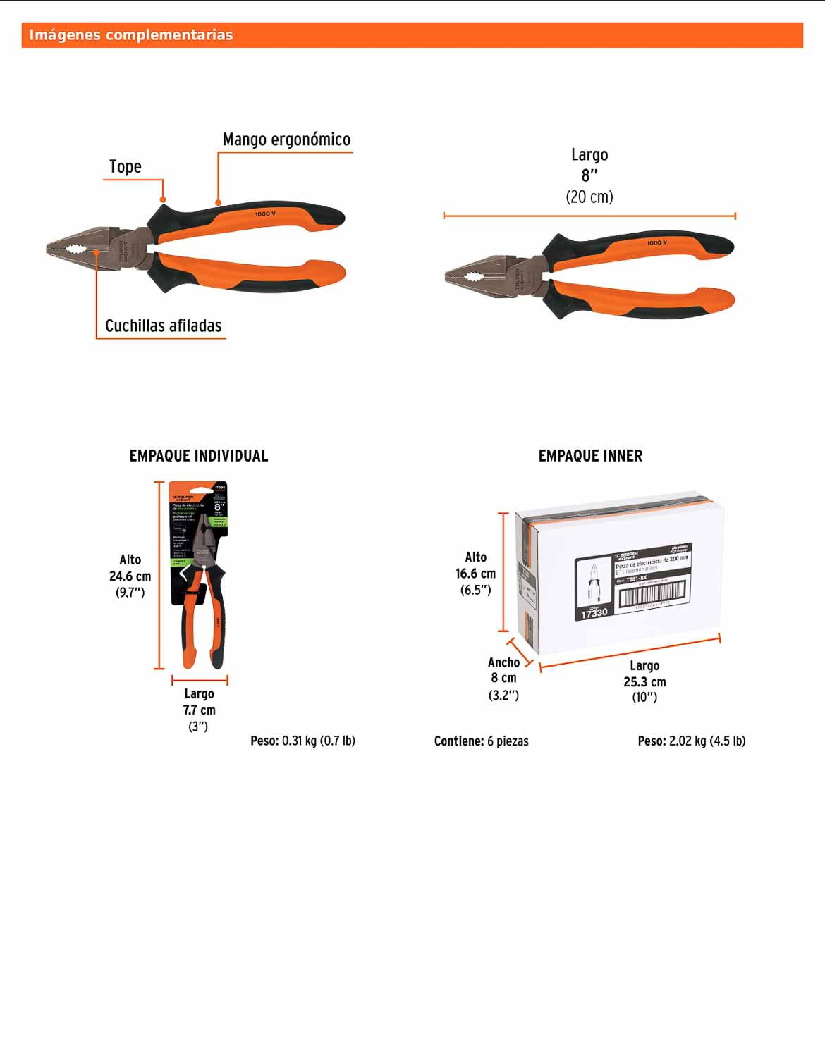 Pinza para electricista 8" alta palanca con mango Comfort Grip