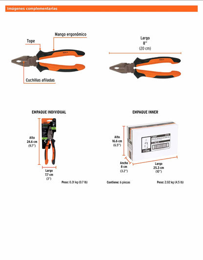 Pinza para electricista 8" alta palanca con mango Comfort Grip
