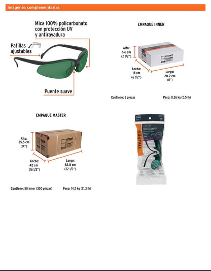 Lentes de seguridad verdes con mica de policarbonato y patillas ajustables