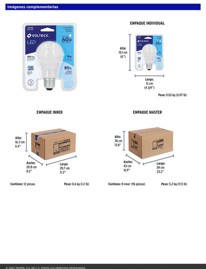 Foco LED 9W A19 6500K blanca fría 800 lm