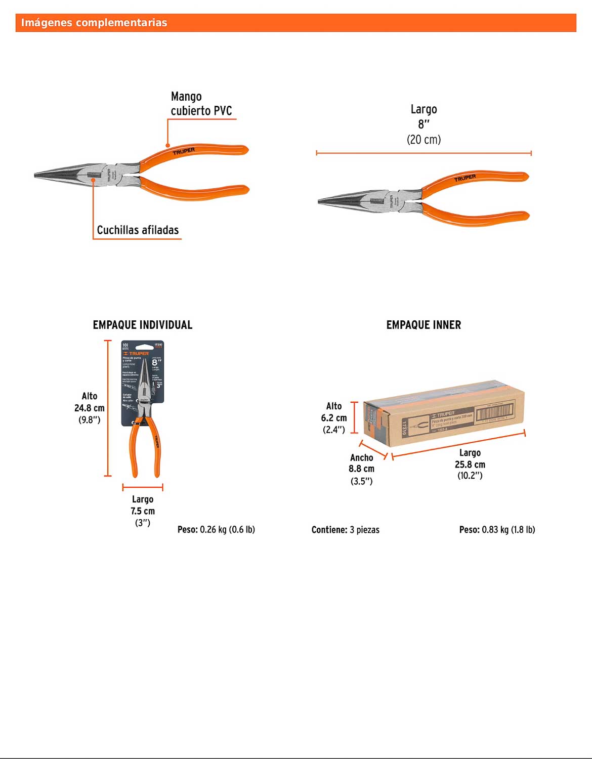 Pinza de punta y corte de 20 cm con mango de PVC