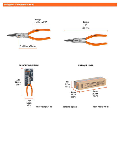 Pinza de punta y corte de 20 cm con mango de PVC