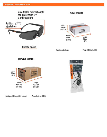 Lentes de seguridad grises con mica de policarbonato y patillas ajustables