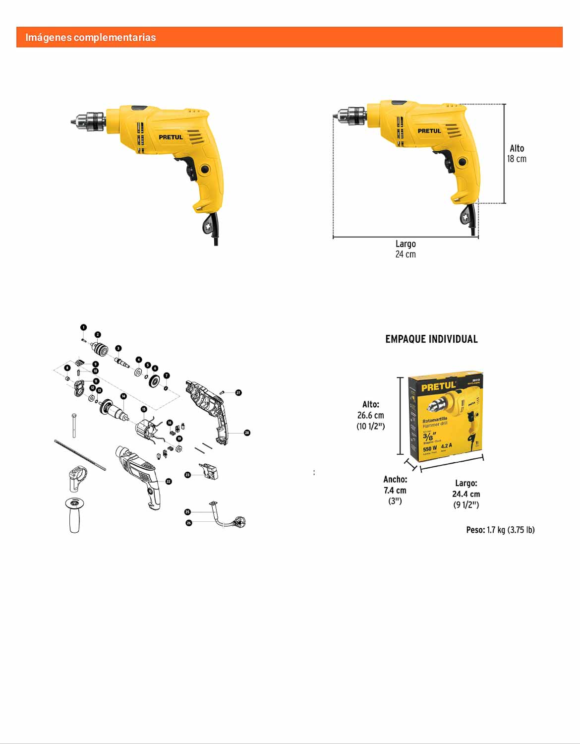 Rotomartillo/destornillador 3/8" 550 W PRETUL