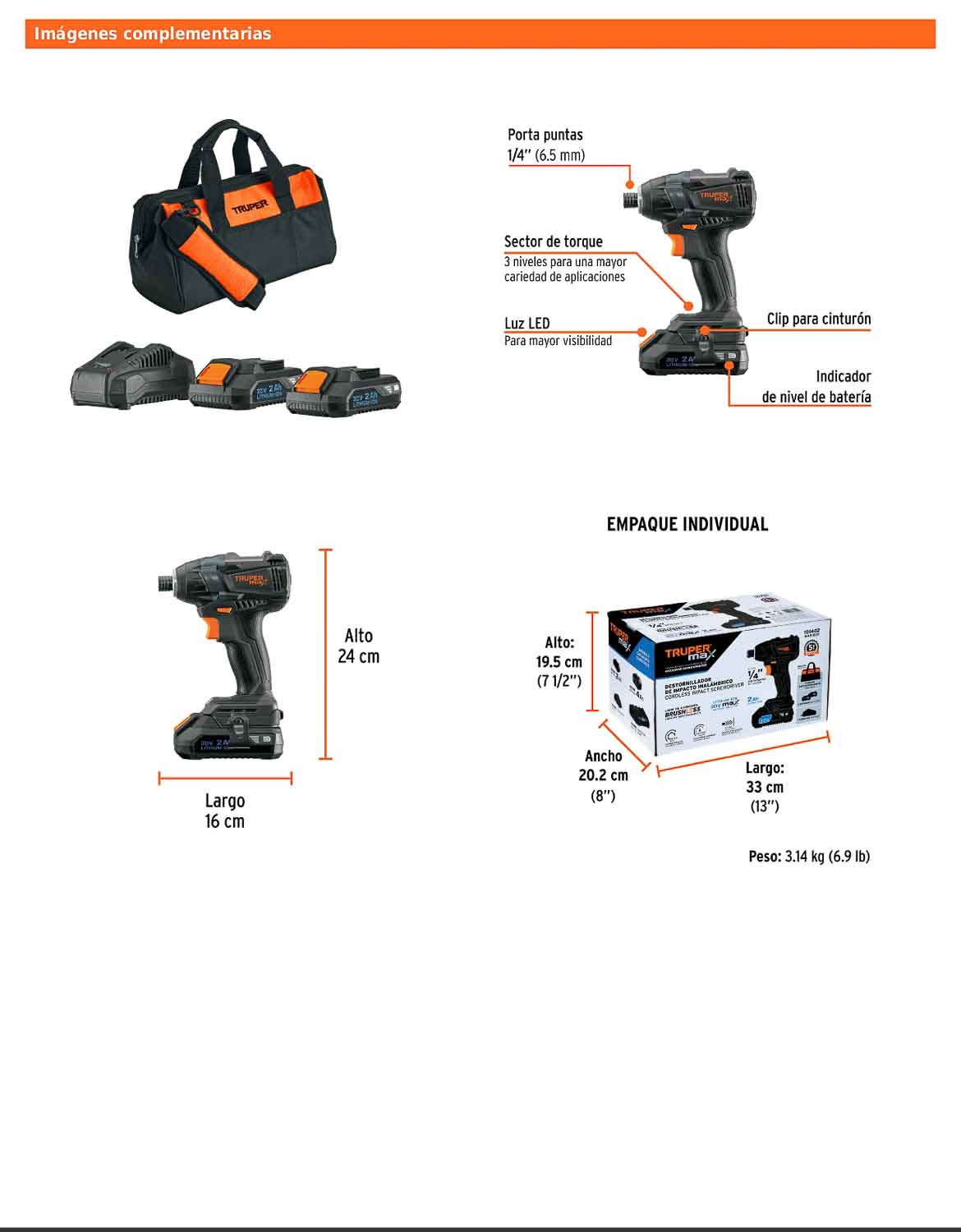 Destornillador de impacto inalámbrico con batería 20 V y tres velocidades