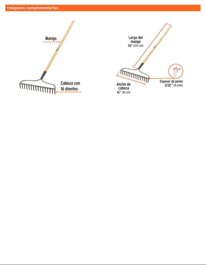 Rastrillo jardinero Classic de 16 dientes con mango de 54 pulgadas
