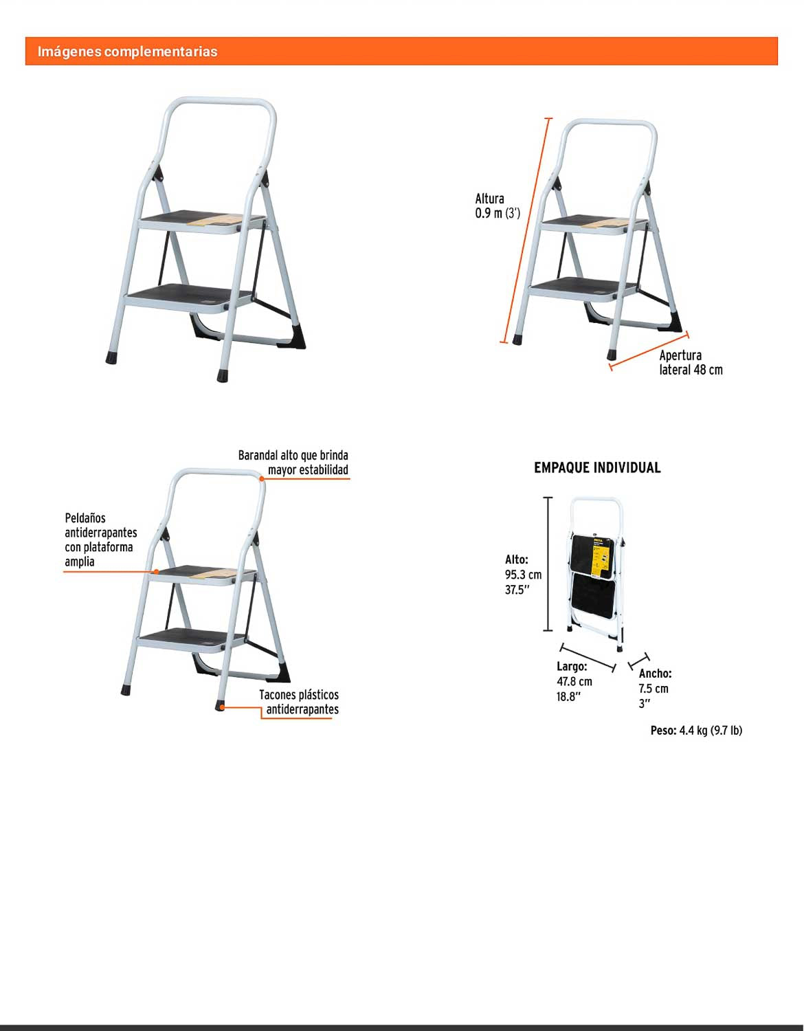 Escalerilla tubular plegable con 2 peldaños