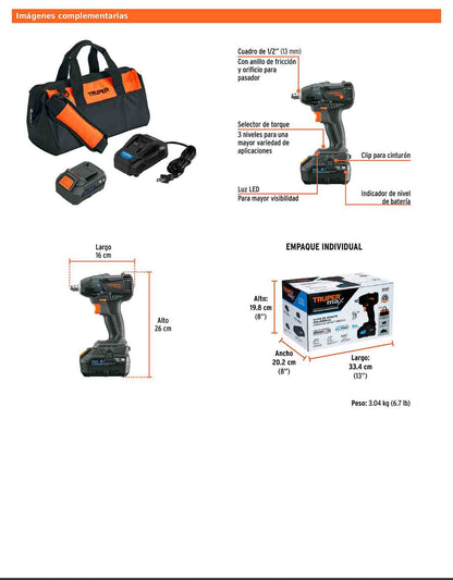 Llave de impacto inalámbrica de 1/2 in con batería 20 V y tres velocidades