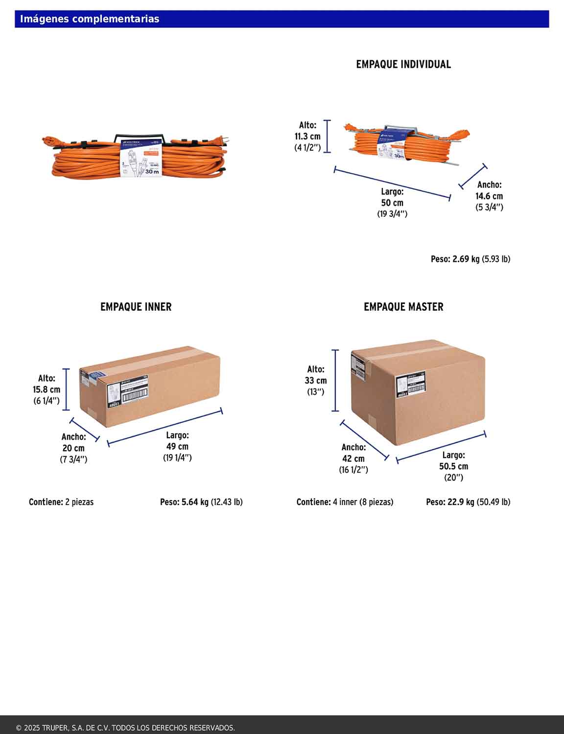 Extensión eléctrica de uso rudo de 30 m con calibre 2x16 AWG