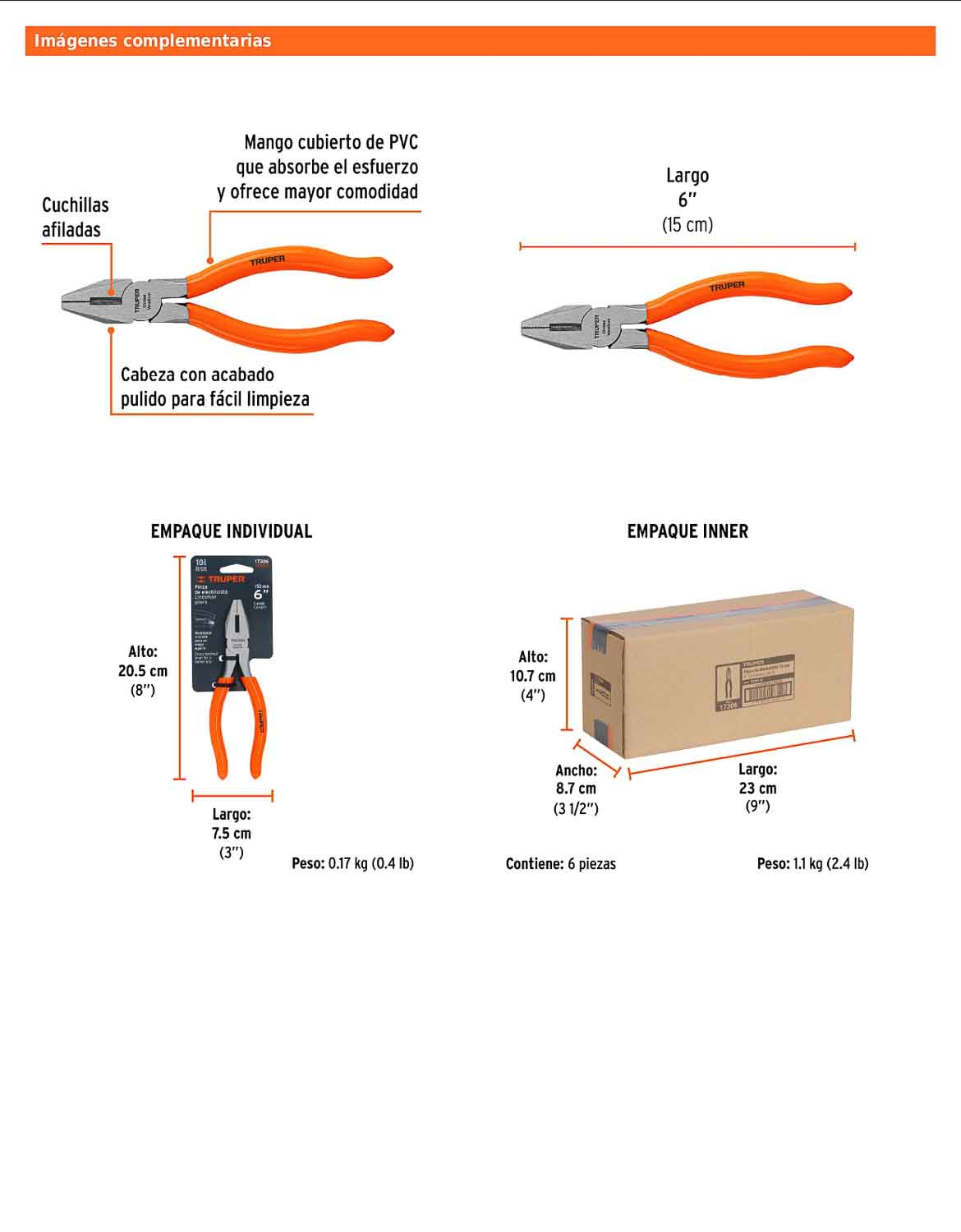 Pinza para electricista 6" uso rudo con mango PVC