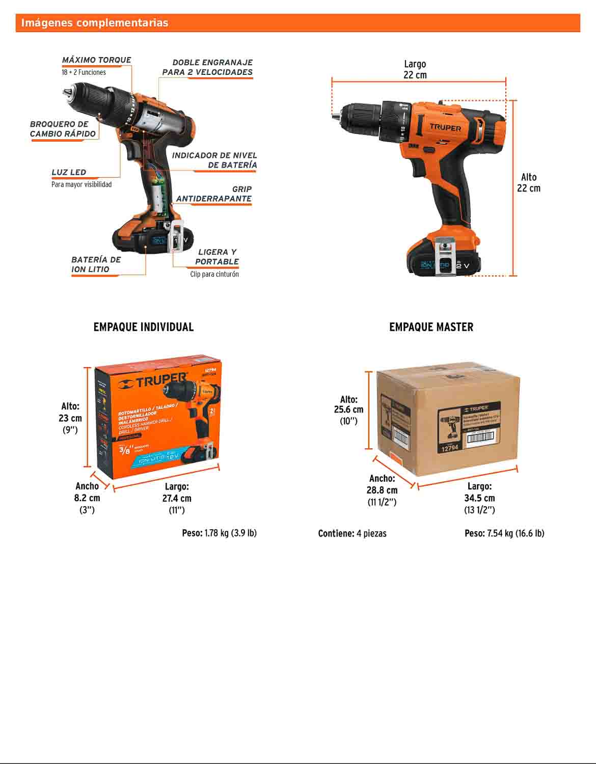 Rotomartillo inalámbrico de 3/8 in con batería 12 V y dos velocidades