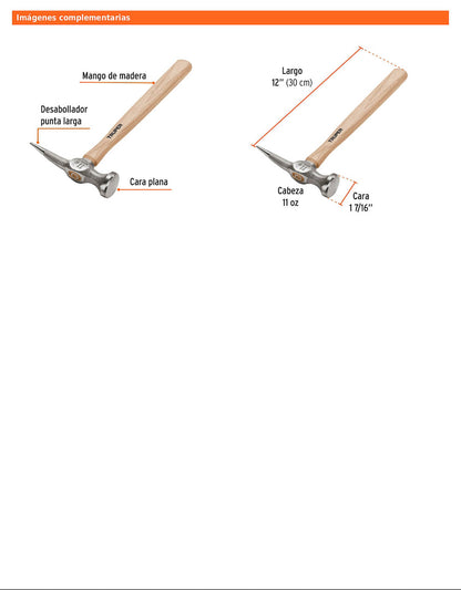 Martillo desabollador de 11 oz con punta larga y mango de 12"
