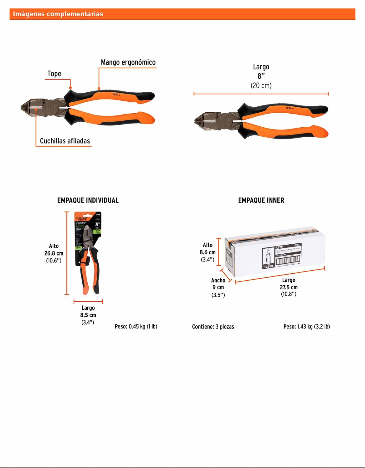 Pinza electricista 8" uso rudo de alta palanca con mango Comfort Grip