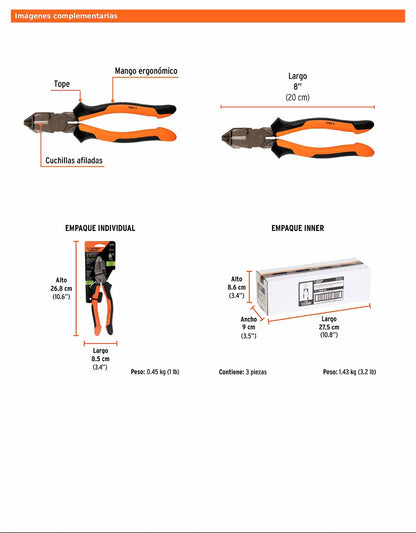 Pinza electricista 8" uso rudo de alta palanca con mango Comfort Grip