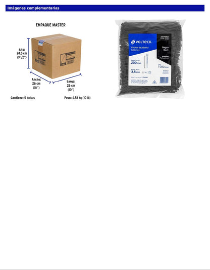 Bolsa con 1000 cinchos plásticos 40 lb 200 x 3.5 mm negro