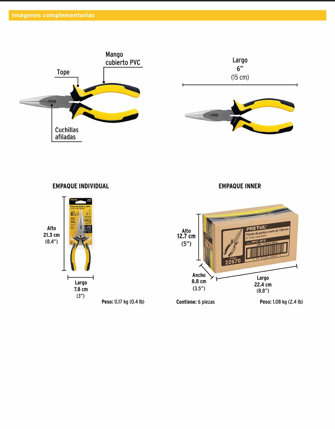Pinza de punta y corte de 15 cm con mango Comfort Grip