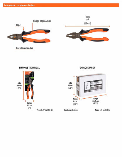 Pinza para electricista 7" alta palanca con mango Comfort Grip