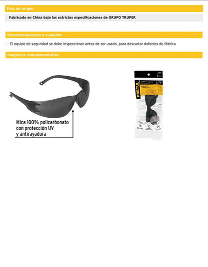 Lentes de seguridad grises PRETUL LITE (LEN-SN-P)