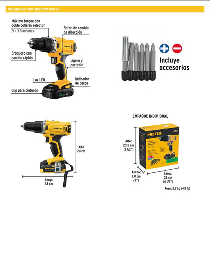 Taladro inalámbrico de 1/2 in con batería 20 V y dos velocidades