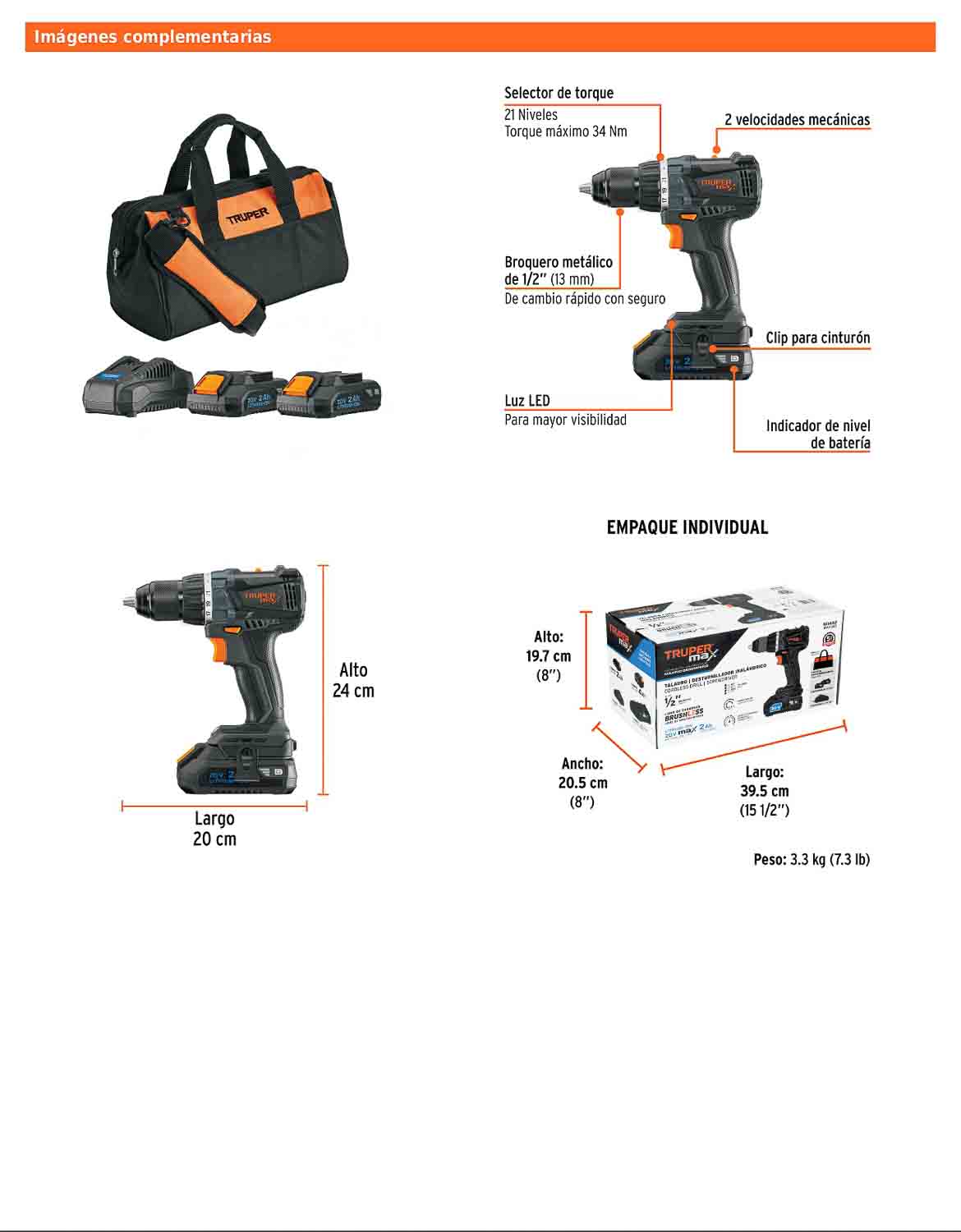 Taladro inalámbrico de 1/2 in con batería 20 V y dos velocidades