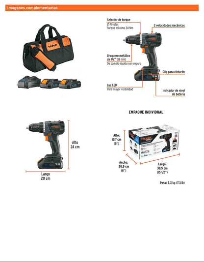 Taladro inalámbrico de 1/2 in con batería 20 V y dos velocidades