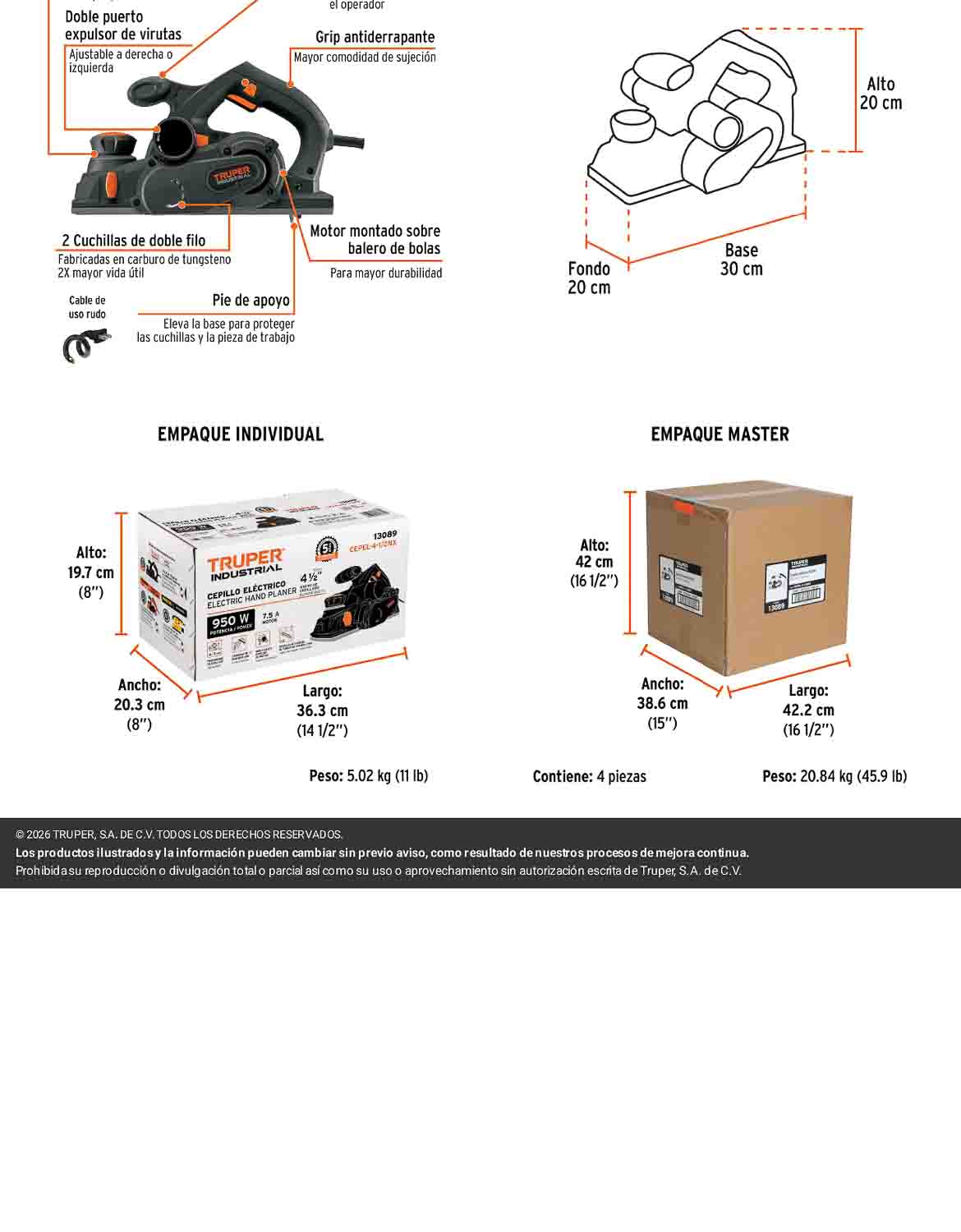 Cepillo eléctrico 4-1/2 950W INDUSTRIAL