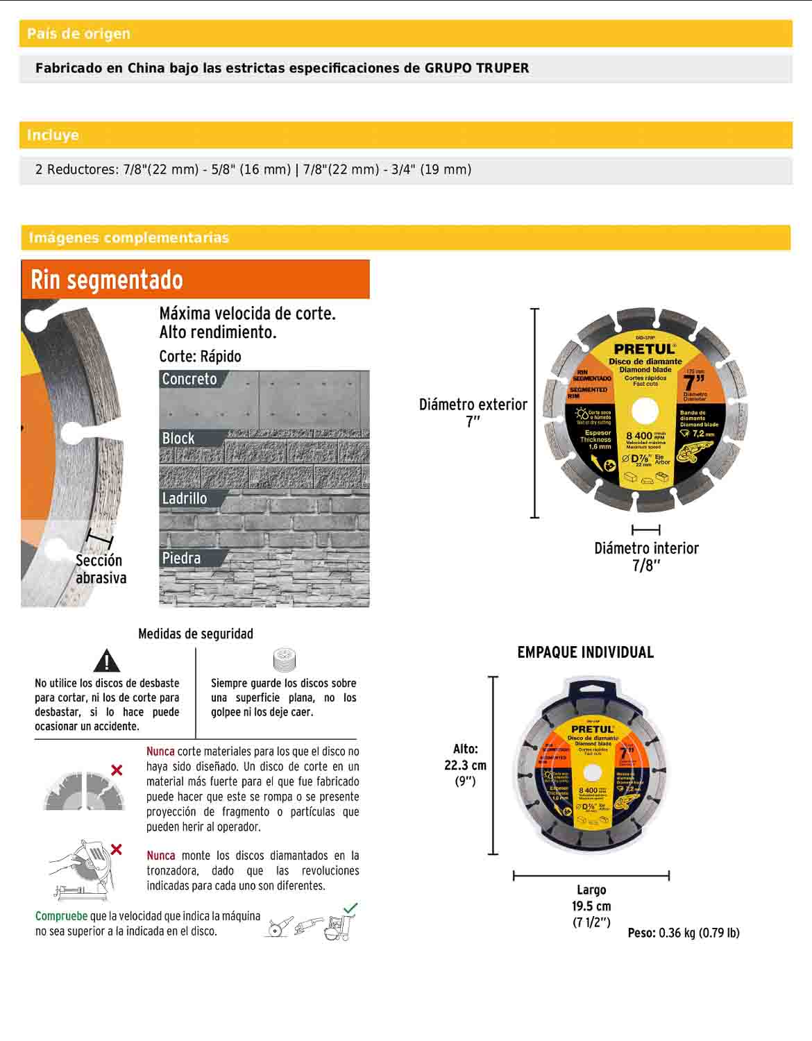 Disco de diamante de 7 pulgadas y 1.6 mm con rin segmentado