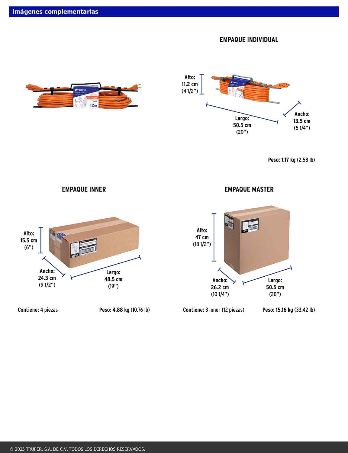Extensión eléctrica de uso rudo de 12 m con calibre 2x16 AWG