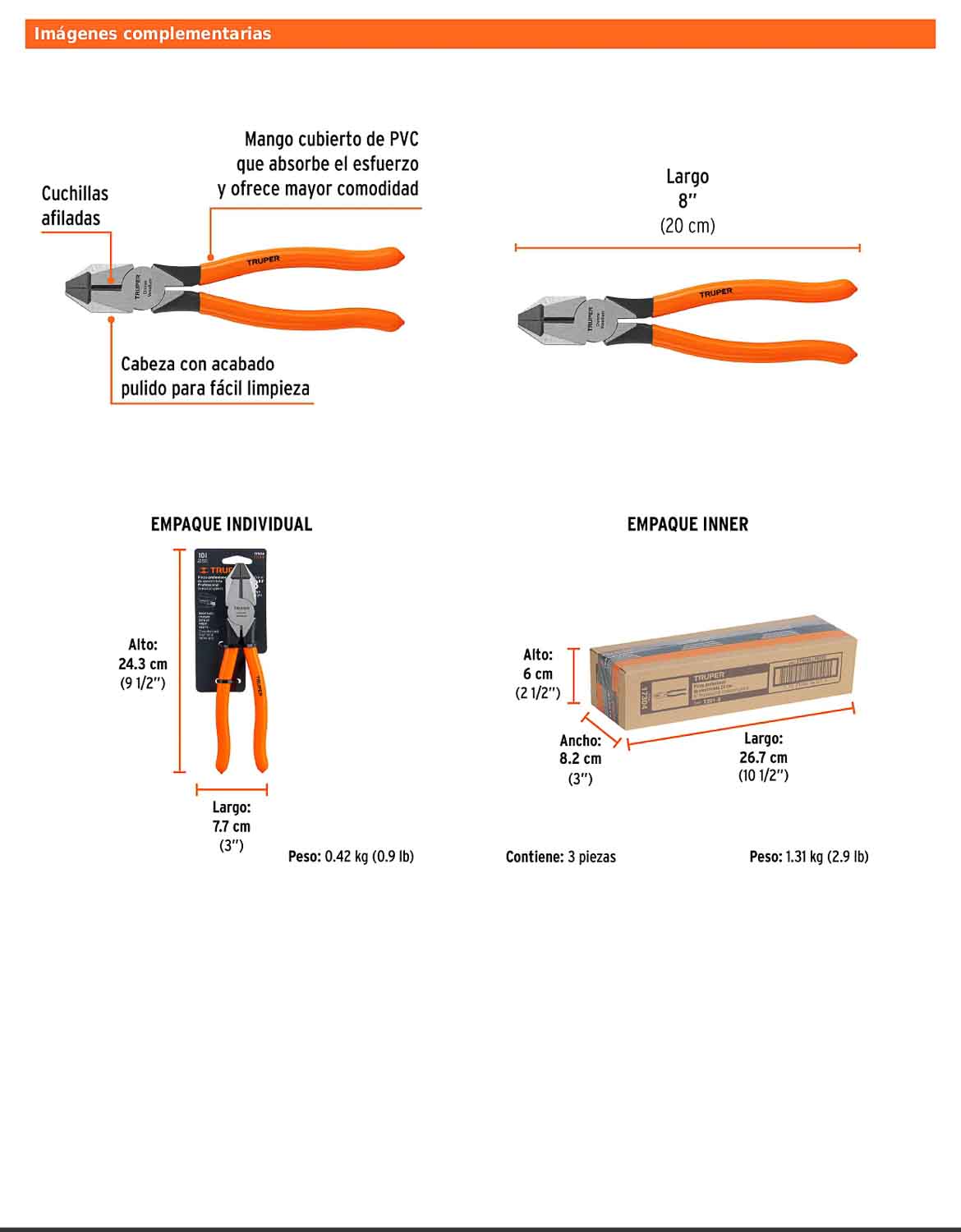 Pinza para electricista 8" uso rudo con mango PVC