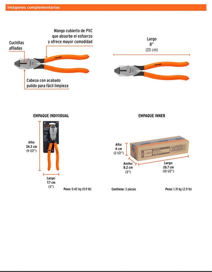 Pinza para electricista 8" uso rudo con mango PVC