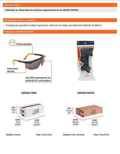 Lentes de seguridad ajustables grises TRUPER Classic (LEN-2000N)
