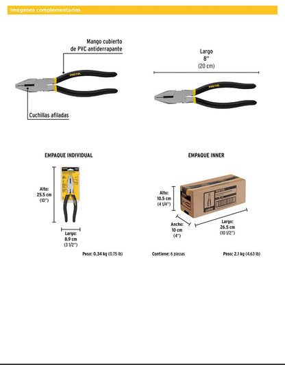 Pinza para electricista de 20 cm con mango de PVC