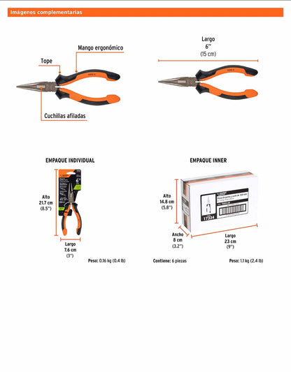 Pinza punta y corte 6" con mango Comfort Grip