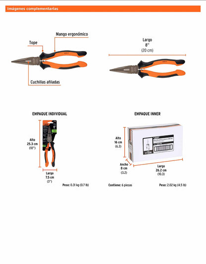 Pinza punta y corte 8" con mango Comfort Grip