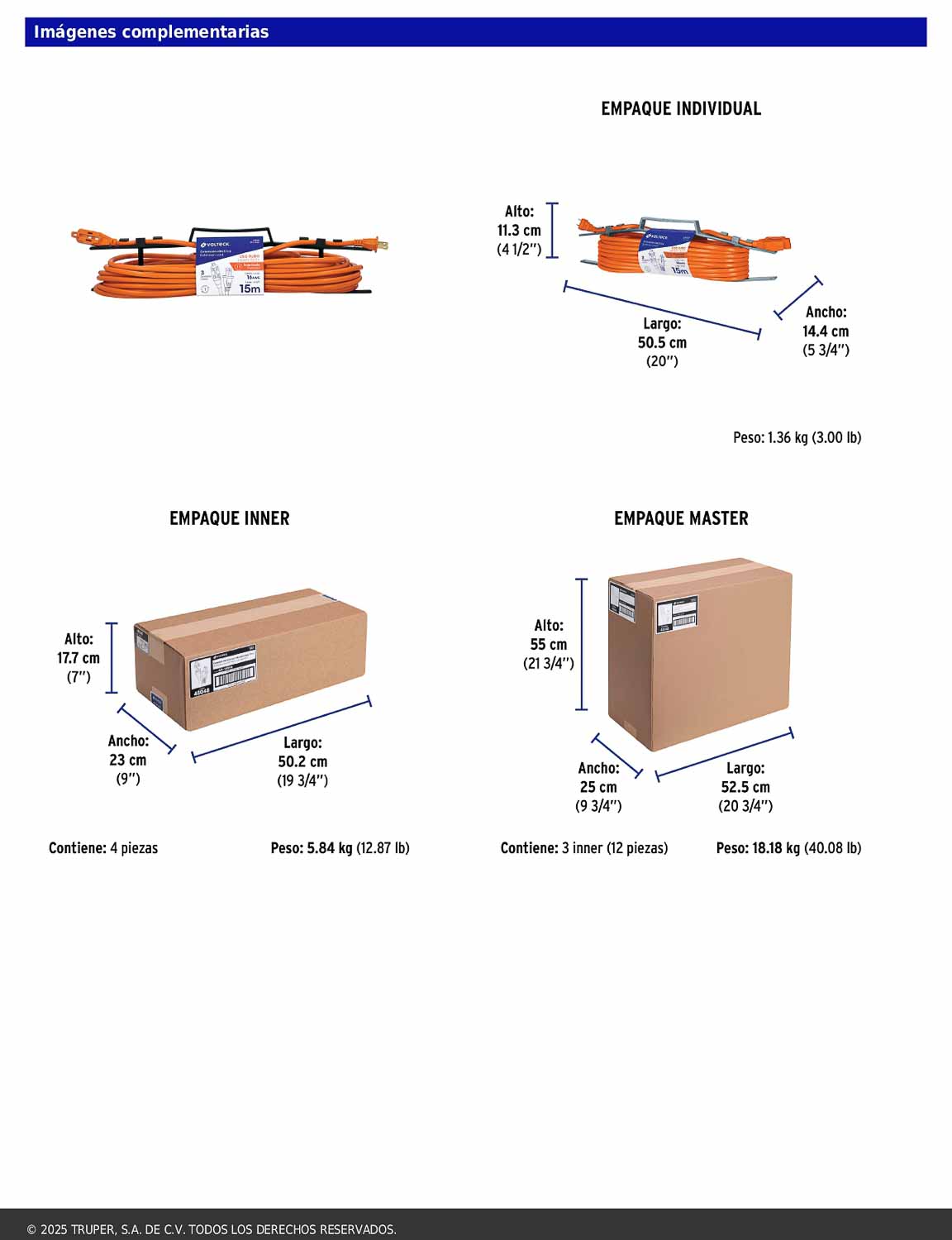 Extensión eléctrica de uso rudo de 15 m con calibre 2x16 AWG