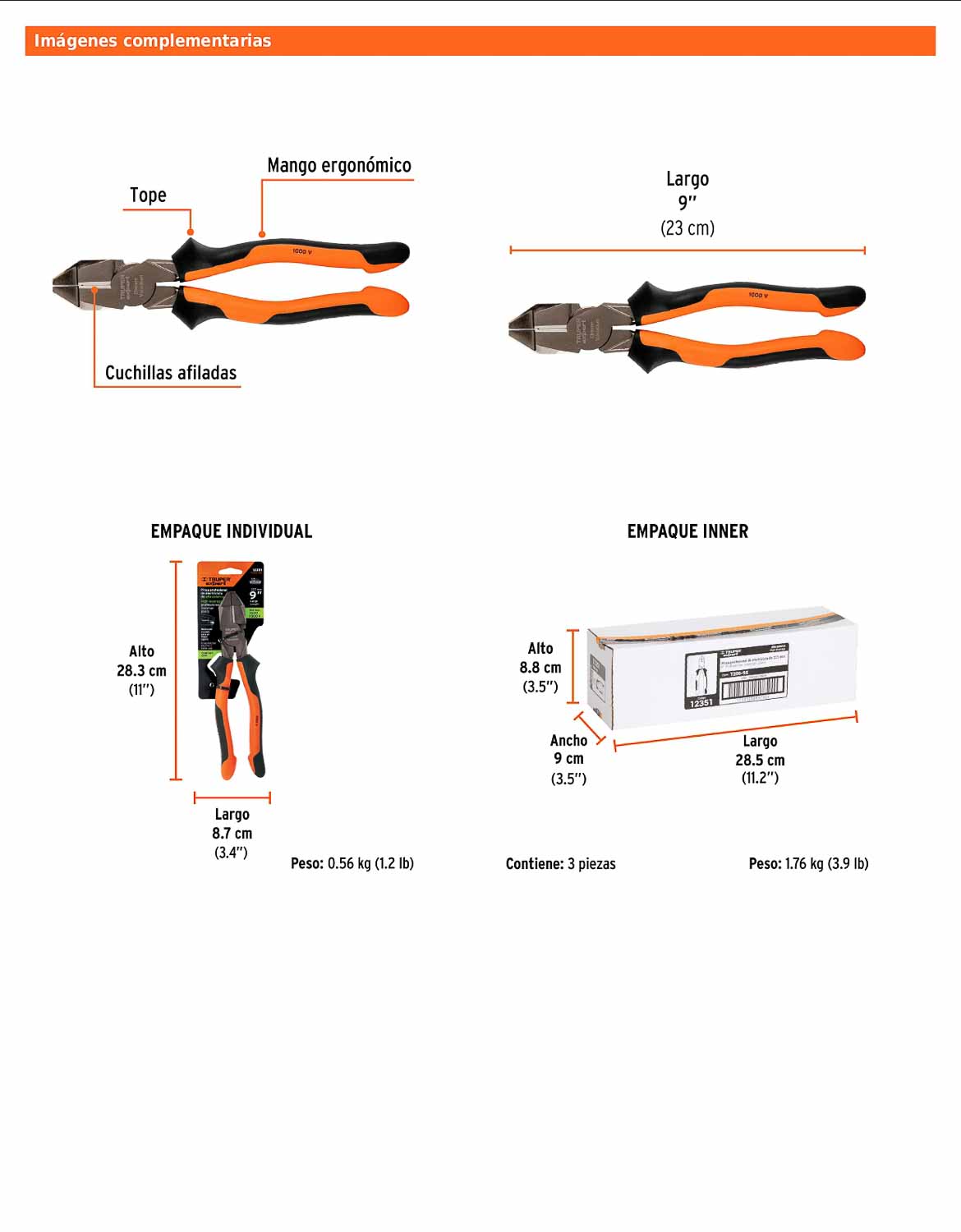 Pinza electricista 9" uso rudo de alta palanca con mango Comfort Grip