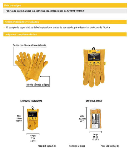 Guantes de carnaza cortos unitalla con refuerzo en palma y puño de seguridad