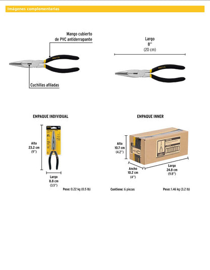 Pinza de punta y corte de 20 cm con mango de PVC