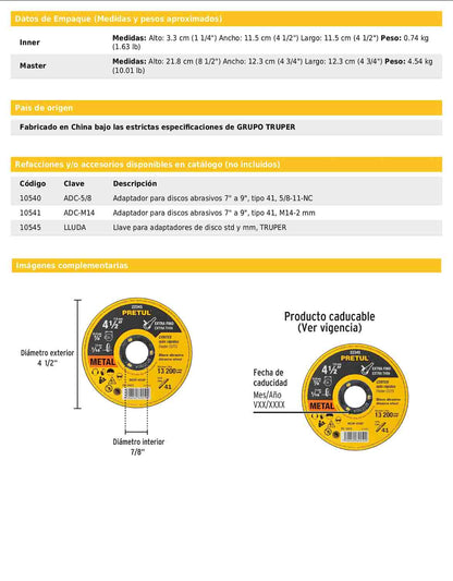 Disco de corte fino para metal de 4 1/2 pulgadas con espesor de 1.6 mm